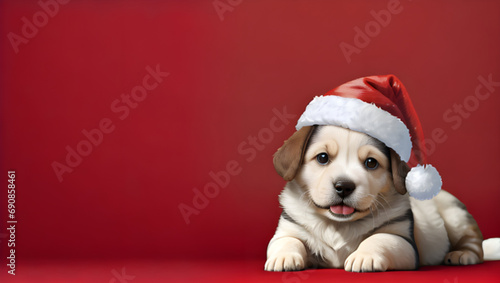 cute puppy wear santa hat isolated in red background with copy space ai generated © XMind