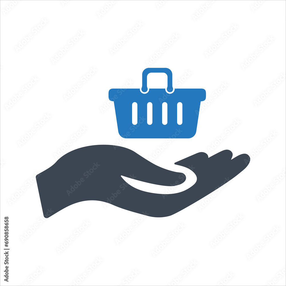 Shopping basket in hand. Food inflation icon Shopping basket in hand. Food inflation icon