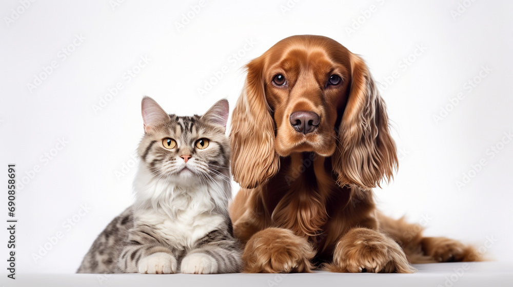 An isolated portrait featuring a Russian Spaniel dog alongside a Scottish Straight cat against a white background