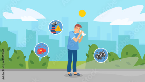 Man with napkin suffering from allergy and common respiratory irritants. Vector illustration. Seasonal allergens concept