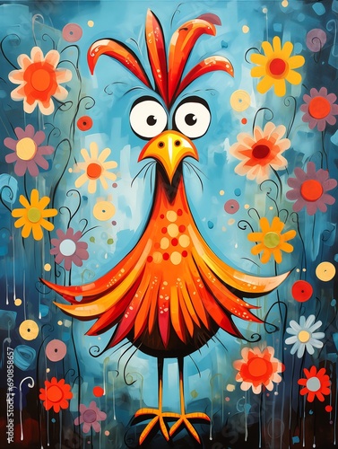 bird red beak yellow design flower power rooster impressionistic brushwork depicted chicken feathers concrete neo primitivism city warrior floral splash monochromatic background photo