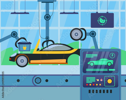 Production of cheap electric vehicles vector illustration. Manufacturing line with manipulator arms, car assembling. Automotive manufacture, new technology concept