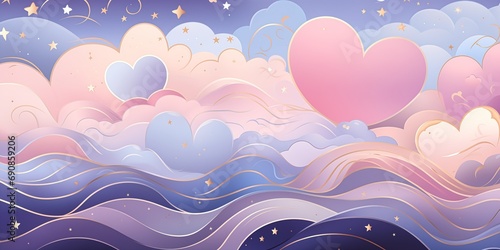heart shaped balloon floating sky palette illustration soft pink color clouds vivid horse hair wigs starry background streaming bubbly scenery space backdrop photo