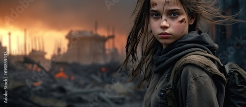 Adolescent female in a post-apocalyptic realm.