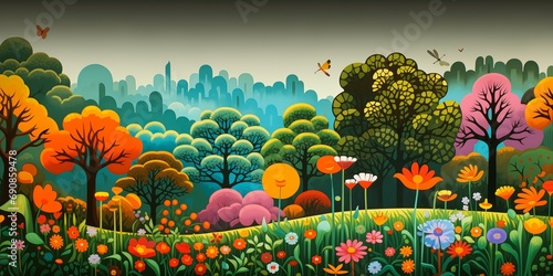 illustration forest flowers trees still despicable field view girl suburban neighborhood loony toons topiary meadows