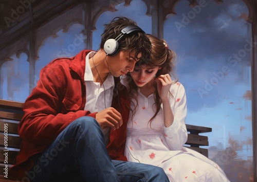 couple sitting bench headphones princess looking mindlessly boy girl album noticeable tear cheek red clothes roof background