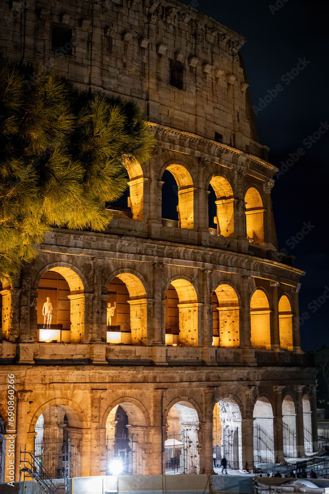 Amazing colosseum stadium exterior illuminated at night