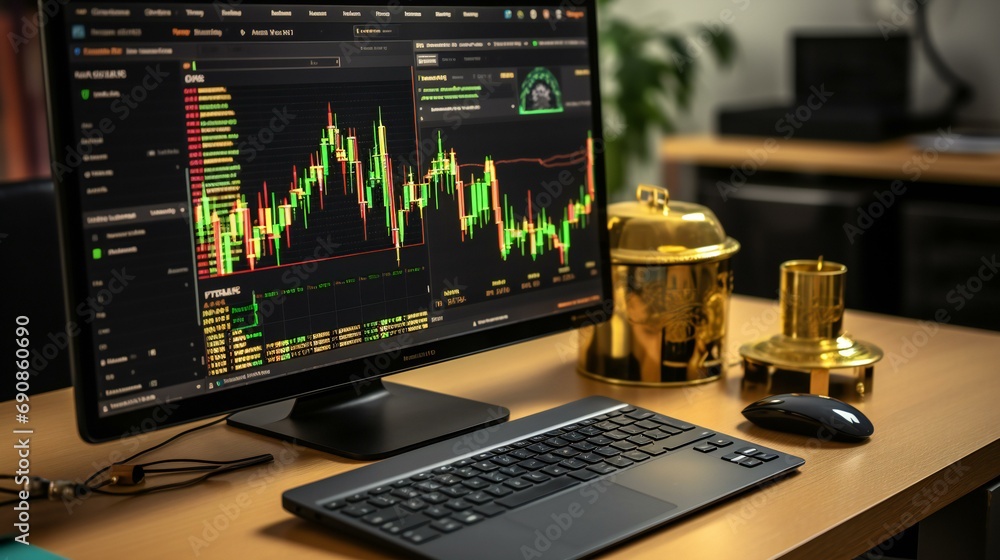 A businessman analyzing financial data on a computer screen, representing concepts of stock exchange, investment, and online trading A businessman analyzing financial data on a computer screen, representing concepts of stock exchange, investment, and online trading