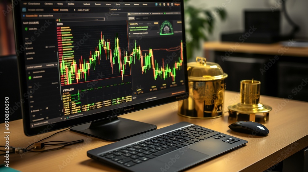 A businessman analyzing financial data on a computer screen, representing concepts of stock exchange, investment, and online trading