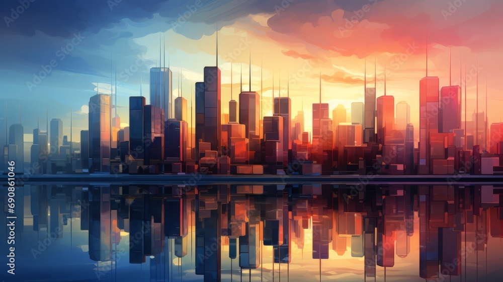 Fototapeta premium As the fiery sun sets over the city skyline, its reflection dances on the tranquil waters of the lake, surrounded by towering skyscrapers and a dreamlike landscape