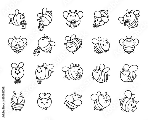 Cartoon cute bee character. Coloring Page. Kawaii insect holding honey pot. Hand drawn style. Vector drawing. Collection of design elements.