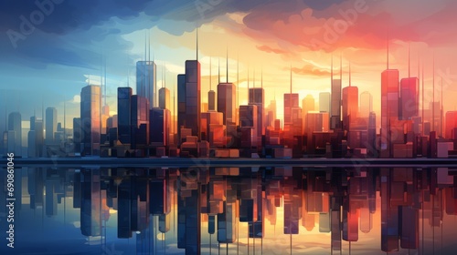 As the fiery sun sets over the city skyline, its reflection dances on the tranquil waters of the lake, surrounded by towering skyscrapers and a dreamlike landscape