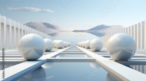 A tranquil sky reflects in the still waters below, as a cluster of white spheres rests upon a pristine white surface, nestled among towering mountains and modern architecture