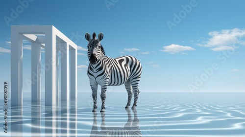 Amidst the tranquil water and endless sky  a majestic zebra stands tall  its striped coat a symbol of untamed beauty in the great outdoors