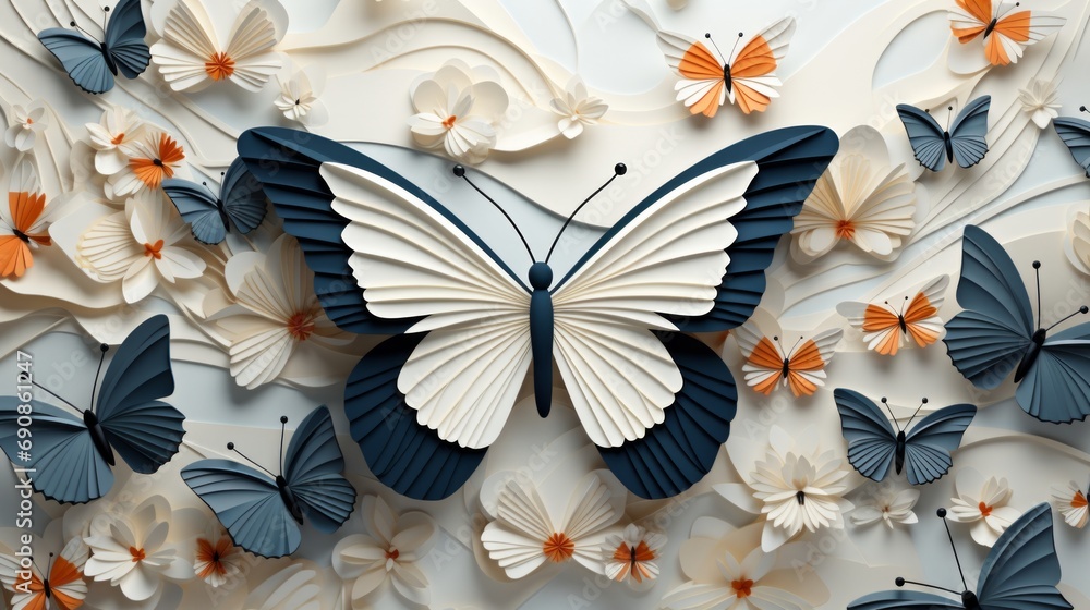 A delicate paper butterfly flutters among vibrant flowers, a whimsical creation embodying the beauty and fragility of nature