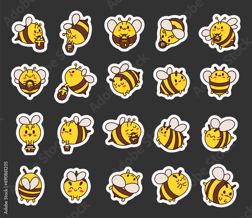 Cartoon cute bee character. Sticker Bookmark. Kawaii insect holding honey pot. Hand drawn style. Vector drawing. Collection of design elements.