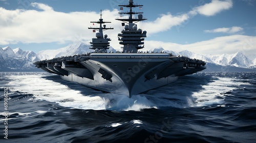 Another naval image, focusing on an aircraft carrier and various military aircraft. The picture represents naval power, defense, and the coordination of air and sea forces