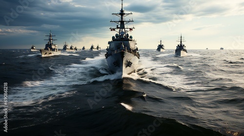 A view of a military parade at sea, featuring navy vessels, battleships, and a display of maritime strength
