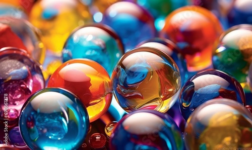 Close up of colourful glass marbles, spheres, balls. Abstract bright background. Generative AI