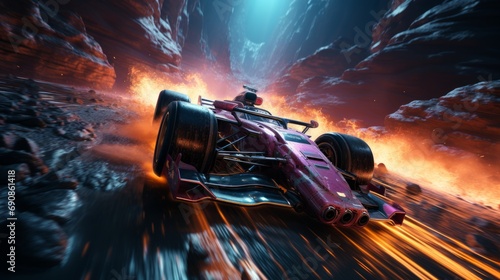 A blazing race car hurtles through a pixelated world, leaving a trail of destruction and adrenaline in its wake photo