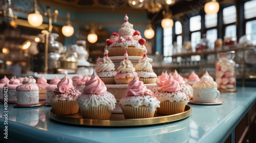 A delectable array of indulgent treats, adorned with velvety pink buttercream and sprinkled with sugary love, enticingly displayed on a rustic table in a cozy bakery