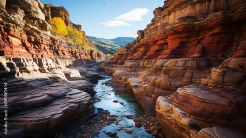 A majestic river carves its way through a rugged canyon, surrounded by the untamed beauty of nature and towering mountains, a testament to the erosive power of time
