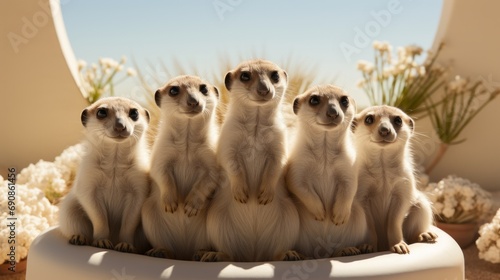A lively gathering of snouted meerkats, their furry bodies standing tall on hind legs, evoking a sense of unity and wildness within the animal kingdom photo