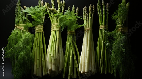 A verdant bundle of asparagus, bound by nature's hand, joins forces with its fellow green brethren, broccoli, in a vibrant display of unity and growth photo