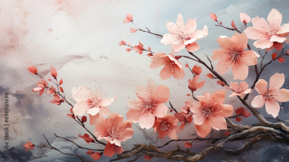 A vibrant depiction of spring's delicate beauty, as sakura blossoms burst forth in a wild, fluid dance upon a painted canvas