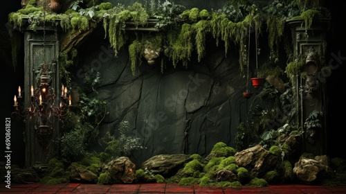 A lush garden oasis nestled within a rocky cave, where vibrant green plants thrive amidst the rugged outdoor landscape, surrounding a majestic tree as if it were the heart of this untamed paradise