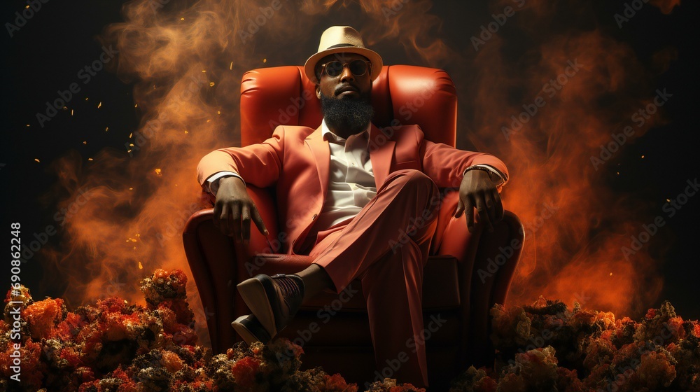 Dark and fierce portrait of a man with a red background, embodying a devilish vibe - obrazy, fototapety, plakaty 