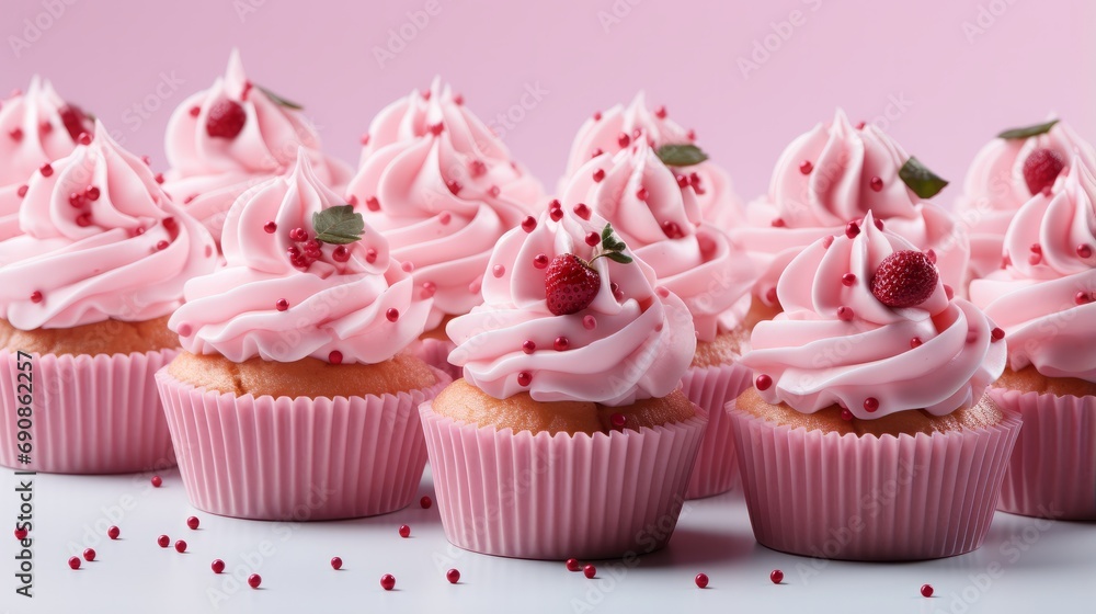 A delectable bunch of sweet treats adorned with rosy frosting and playful sprinkles, tempting the senses with their indulgent mix of creamy buttercream and fluffy meringue