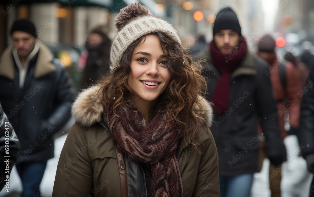 a woman's smiling as she walks down the street in Christmas holiday, a woman's smiling as she walks down the street in Christmas holiday,