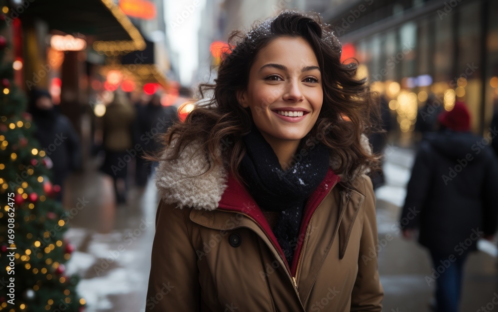 a woman's smiling as she walks down the street in Christmas holiday, a woman's smiling as she walks down the street in Christmas holiday,
