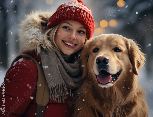 a woman walking her golden retriever with red hat in snowing in Christmas