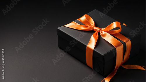Top view photo of black giftbox with orange satin ribbon bow on isolated black background with empty space