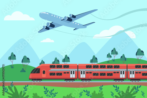 Competition of low-cost air flights and high-speed trains trips. Flat vector illustration. Travelling by airplane versus travelling by train. Means of transport, tranportation concept photo