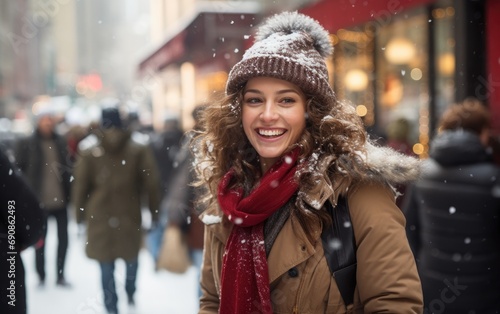 a woman's smiling as she walks down the street in Christmas holiday,