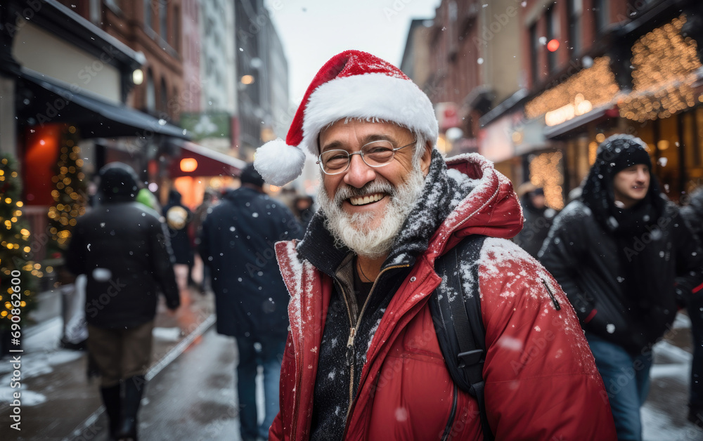 a man's smiling as he walks down the street in Christmas hat, snowing a man's smiling as he walks down the street in Christmas hat, snowing