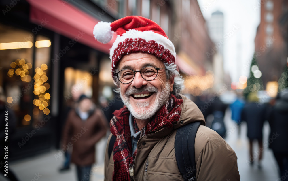 a man's smiling as he walks down the street in Christmas hat, snowing a man's smiling as he walks down the street in Christmas hat, snowing