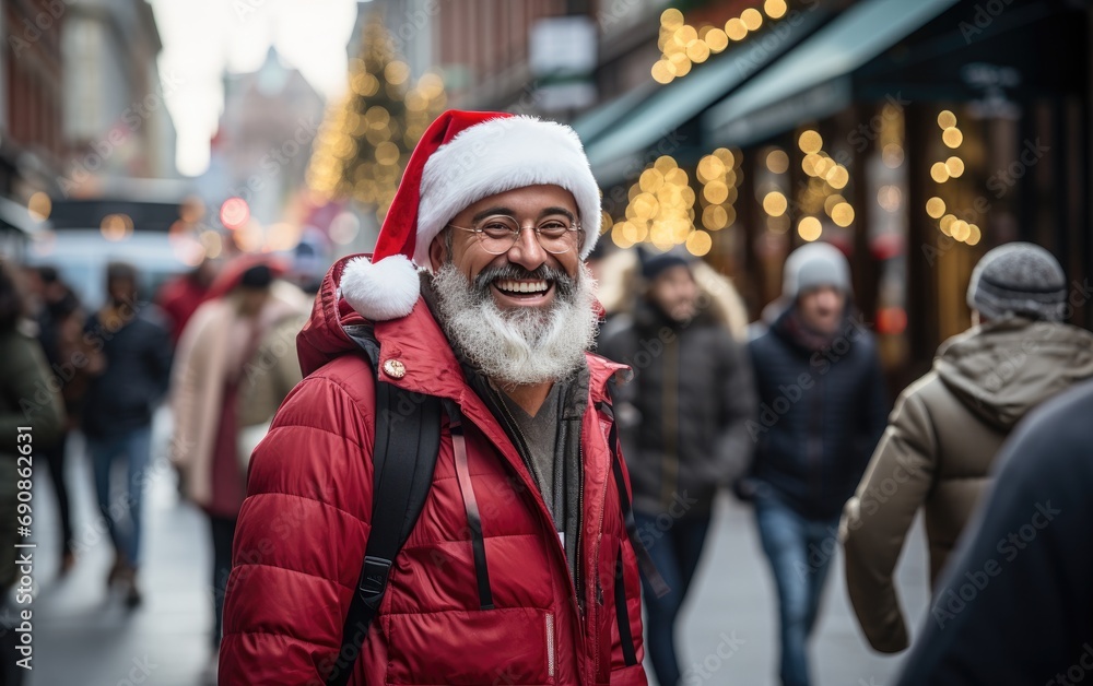 a man's smiling as he walks down the street in Christmas hat, snowing a man's smiling as he walks down the street in Christmas hat, snowing