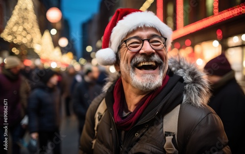 a man's smiling as he walks down the street in Christmas hat, snowing