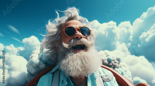 Mature man with a beard, portraying a happy and stylish older individual enjoying the beach
