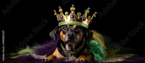 Owner crowning Mardi Gras dog. photo