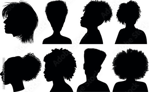 Vector African Woman hairstyle silhouette set . black Illustration hairstyles for girls in various themes. Hand drawn collection V9