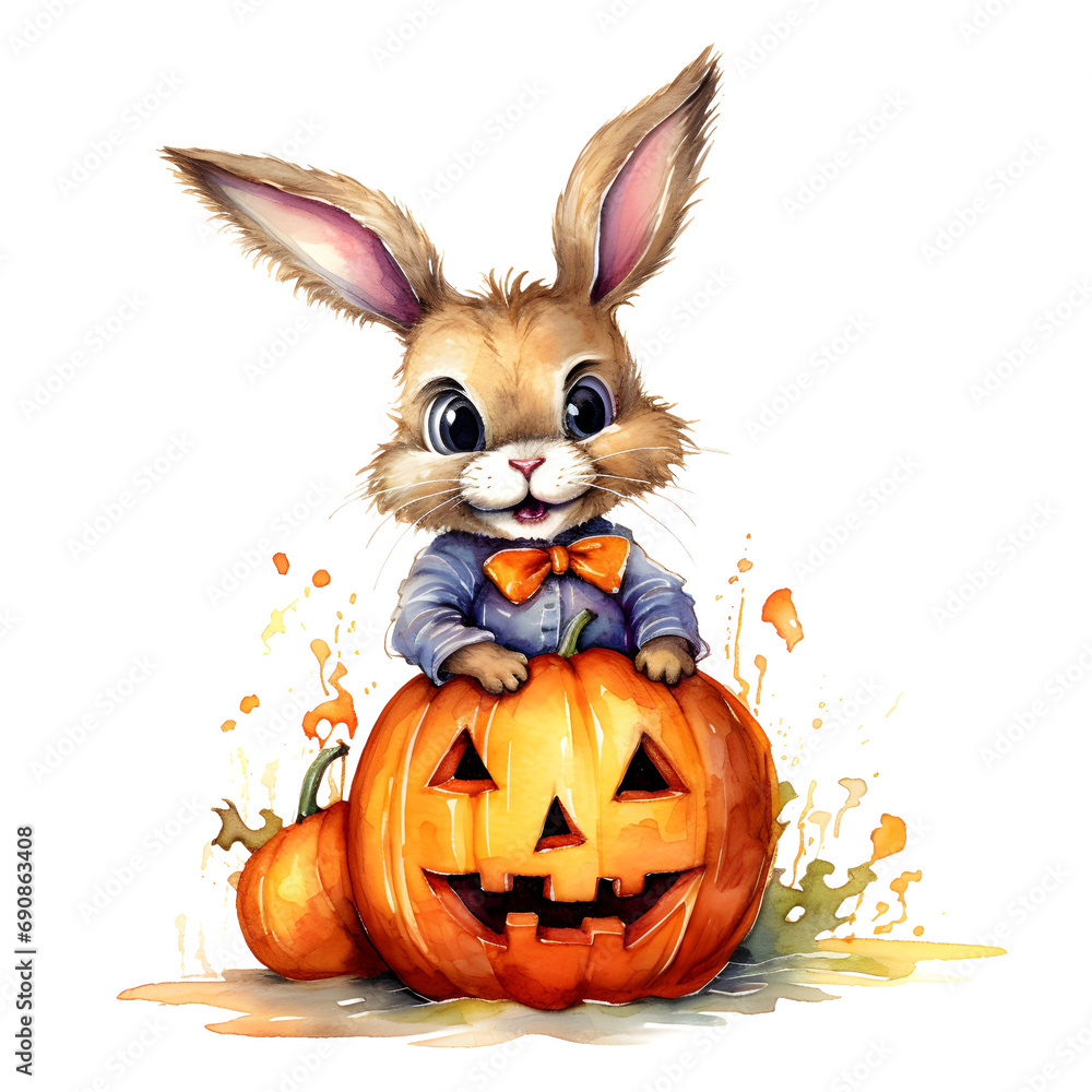 Fototapeta premium Cute cartoon watercolor halloween rabbit with a pumpkin on a transparent background