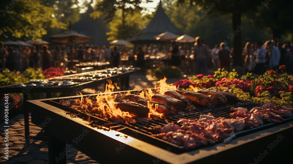 Outdoor barbecue scene with grilling meat, showcasing a summertime cooking activity
