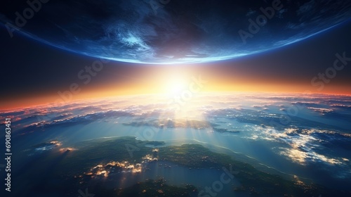 Beautiful sunrise over earth as seen from orbit space view. Created with Generative AI