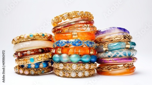 a captivating assortment of colorful bangles, creating a visually appealing composition against a pure white background.