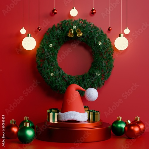 Christmas wreath with podium and light bulbs , 3d render